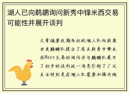 湖人已向鹈鹕询问新秀中锋米西交易可能性并展开谈判