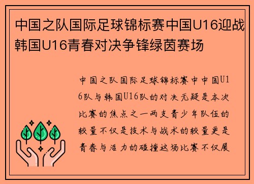 中国之队国际足球锦标赛中国U16迎战韩国U16青春对决争锋绿茵赛场